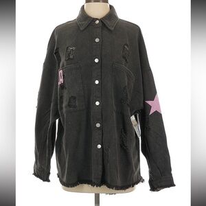 NWT Black Distressed Denim Jacket with Pink Star Accent